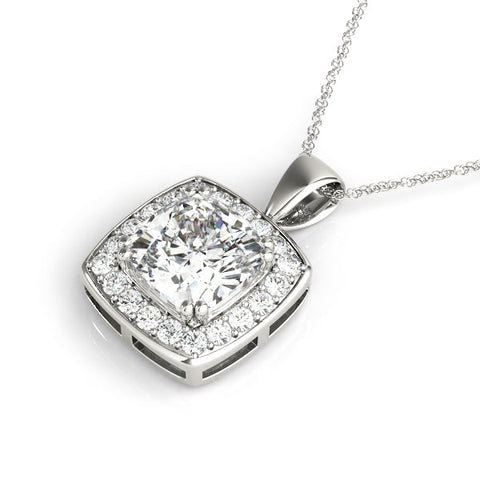 Silver Cushion Halo Pendant with Round Diamond and Four-Prong Setting