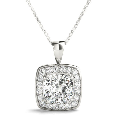 Silver Cushion Halo Pendant with Round Diamond and Four-Prong Setting