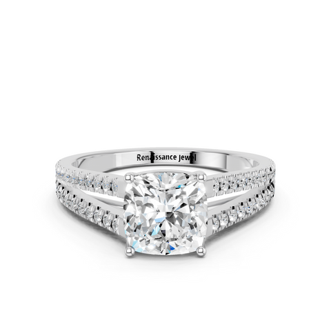 White gold Cushion Solitaire Split Shank Pavé Diamond Engagement Ring
