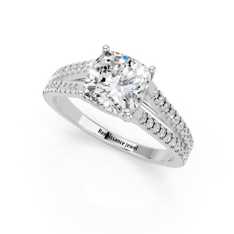 Silver Cushion Solitaire Split Shank Pavé Diamond Engagement Ring