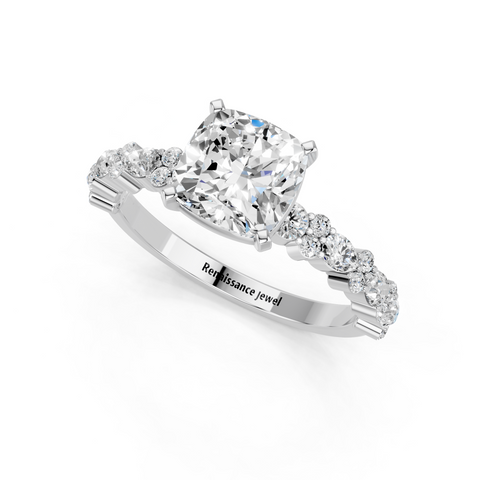 White gold Cushion Solitaire with Side Stones, Pave Band, Four-Prong Setting