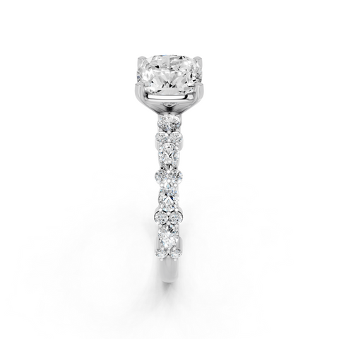 Platinum Cushion Solitaire with Side Stones, Pave Band, Four-Prong Setting