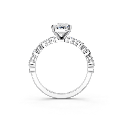Platinum Cushion Solitaire with Side Stones, Pave Band, Four-Prong Setting