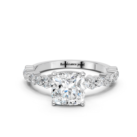Platinum Cushion Solitaire with Side Stones, Pave Band, Four-Prong Setting