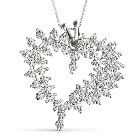 Silver Diamond Cluster Heart Pendant with Round Brilliant Cut Stones and Prong Setting