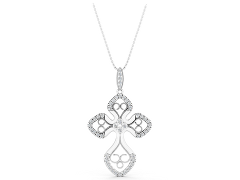 White gold Diamond Pavé Round Milgrain Cross Pendant