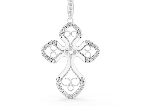 White gold Diamond Pavé Round Milgrain Cross Pendant