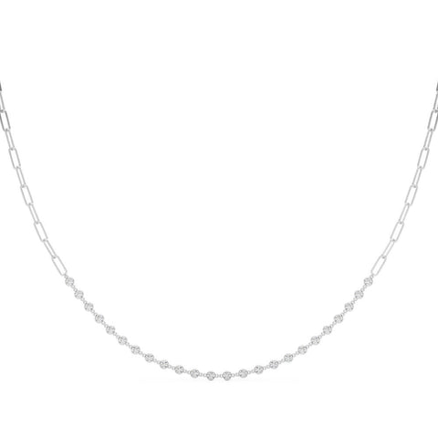 Silver Diamond Round Stone Paperclip Chain Necklace with Bezel Setting
