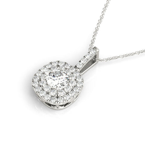 Silver Double Halo Round Diamond Pendant with Pavé Setting and Prong Setting