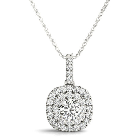 Silver Double Halo Round Diamond Pendant with Pavé Setting and Prong Setting