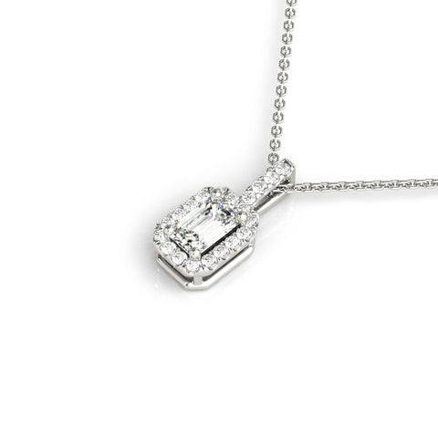 Silver Emerald Cut Diamond Halo Pendant with Prong Setting