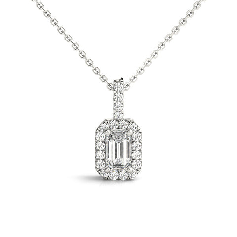 Silver Emerald Cut Diamond Halo Pendant with Prong Setting