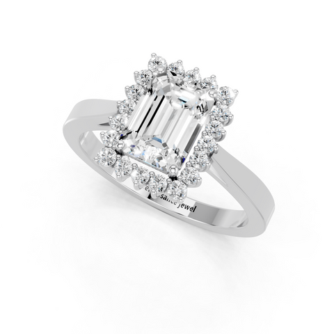 Platinum Emerald Cut Diamond Pavé Band Solitaire Ring with Four-Prong Setting
