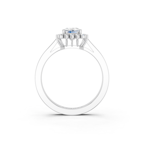 Platinum Emerald Cut Diamond Pavé Band Solitaire Ring with Four-Prong Setting