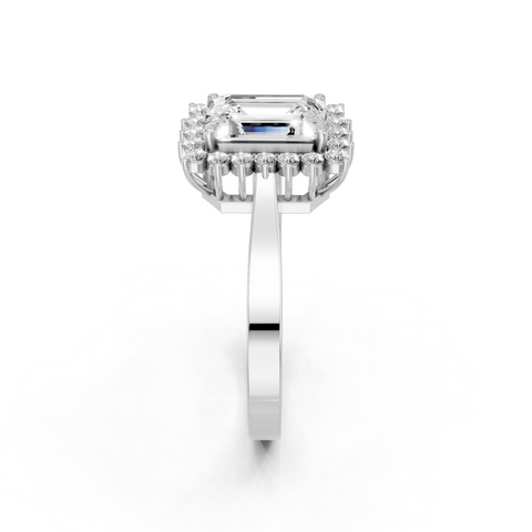 Platinum Emerald Cut Diamond Pavé Band Solitaire Ring with Four-Prong Setting