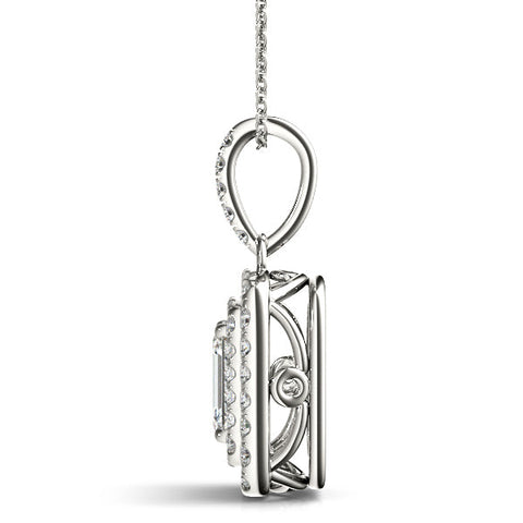 Silver Emerald Cut Double Halo Diamond Pendant with Prong Setting