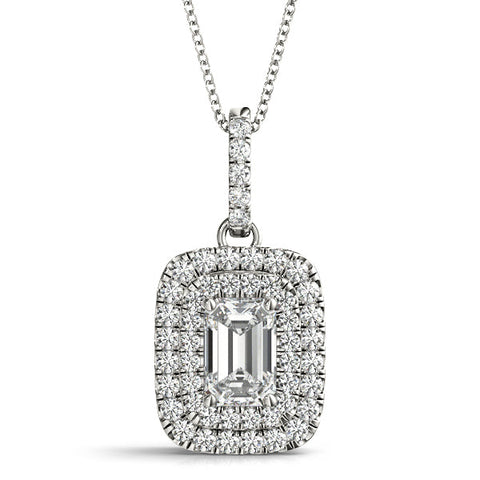 Silver Emerald Cut Double Halo Diamond Pendant with Prong Setting