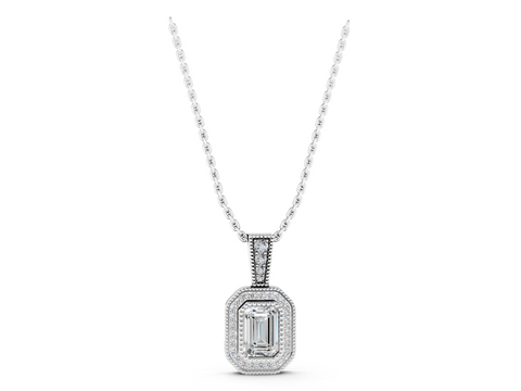 White gold Emerald Cut Halo Diamond Pendant with Pavé Setting