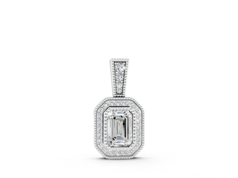 White gold Emerald Cut Halo Diamond Pendant with Pavé Setting