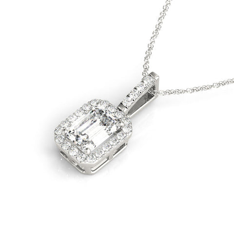 Silver Emerald Cut Halo Diamond Pendant with Prong Setting