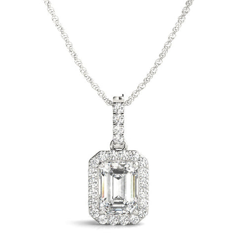 Silver Emerald Cut Halo Diamond Pendant with Prong Setting