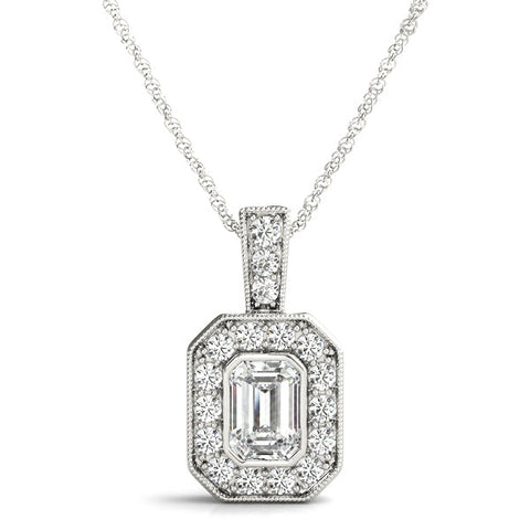 Silver Emerald Cut Halo Pendant with Milgrain Detail