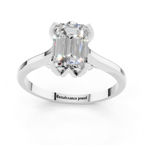 Platinum Emerald Cut Solitaire Diamond Ring with Flower-Prong Setting and Classic Band