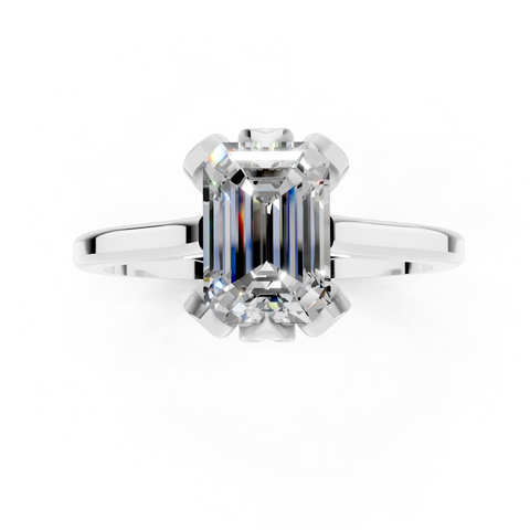 Platinum Emerald Cut Solitaire Diamond Ring with Flower-Prong Setting and Classic Band