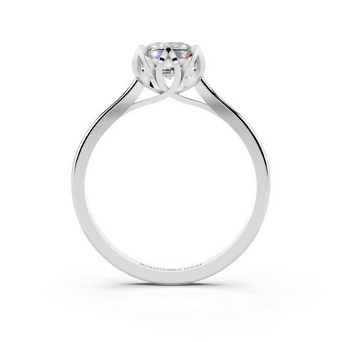 White gold Emerald Cut Solitaire Diamond Ring with Flower-Prong Setting and Classic Band