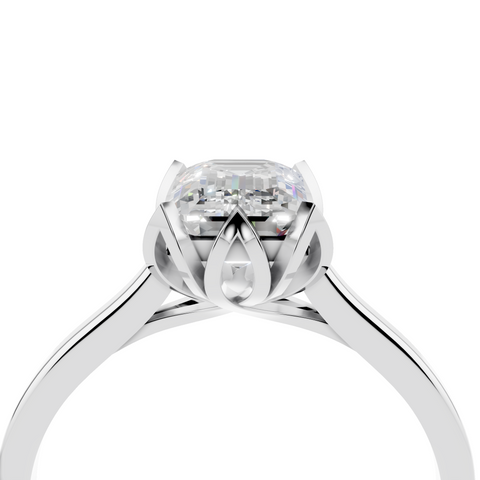 White gold Emerald Cut Solitaire Diamond Ring with Flower-Prong Setting and Classic Band