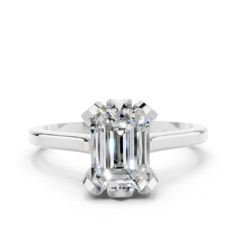 White gold Emerald Cut Solitaire Diamond Ring with Flower-Prong Setting and Classic Band