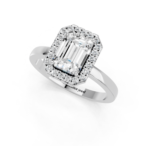Platinum Emerald Halo Diamond Solitaire with Pavé Band and Four-Prong Setting