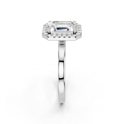 Platinum Emerald Halo Diamond Solitaire with Pavé Band and Four-Prong Setting
