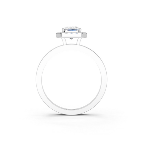 Silver Emerald Halo Diamond Solitaire with Pavé Band and Four-Prong Setting