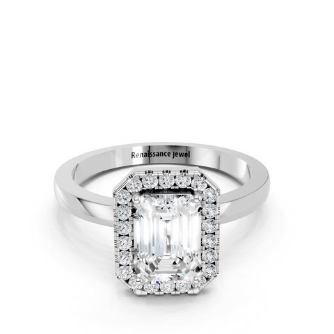 Silver Emerald Halo Diamond Solitaire with Pavé Band and Four-Prong Setting
