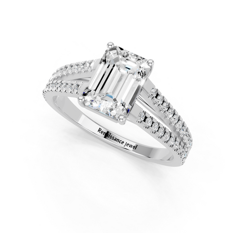 Silver Emerald Solitaire Split Shank Pavé Diamond Engagement Ring
