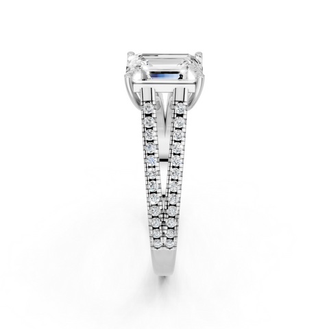 Silver Emerald Solitaire Split Shank Pavé Diamond Engagement Ring
