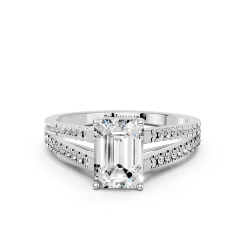 Silver Emerald Solitaire Split Shank Pavé Diamond Engagement Ring