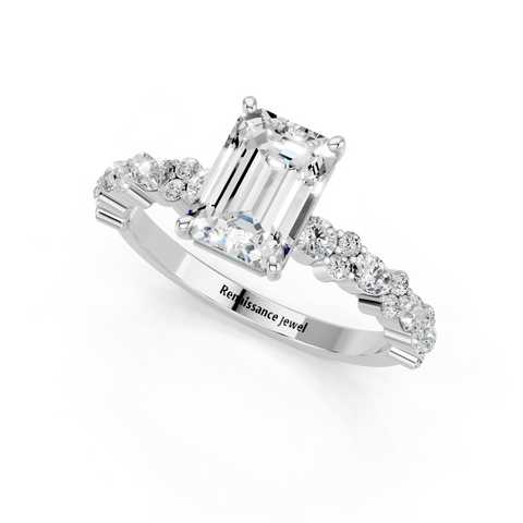Platinum Emerald Solitaire with Side Stones, Pave Band, Four-Prong Setting