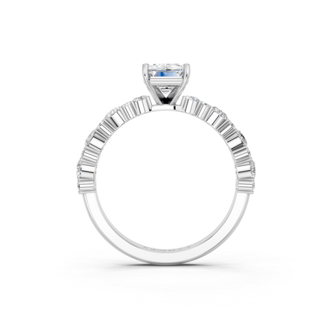 Platinum Emerald Solitaire with Side Stones, Pave Band, Four-Prong Setting