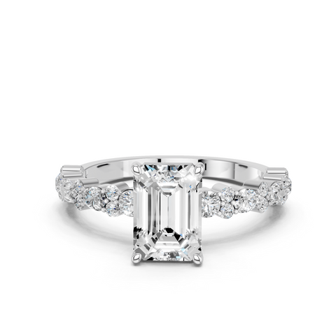 White gold Emerald Solitaire with Side Stones, Pave Band, Four-Prong Setting