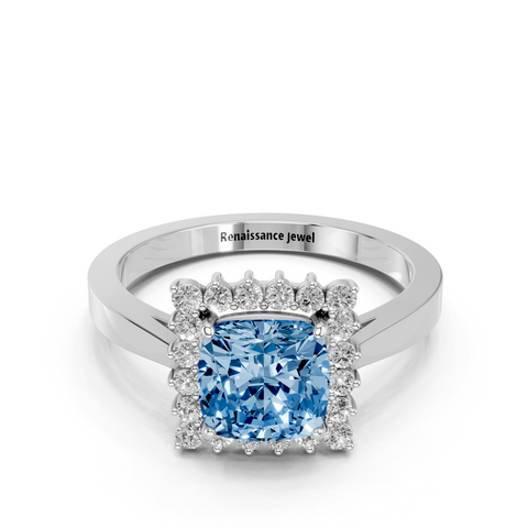 White gold Fancy Blue Cushion  Cut Diamond Halo Ring with Round Brilliant Halo and Solitaire Band