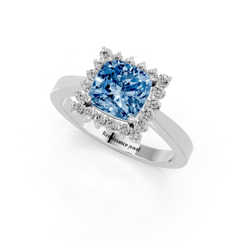 White gold Fancy Blue Cushion  Cut Diamond Halo Ring with Round Brilliant Halo and Solitaire Band