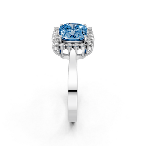 Platinum Fancy Blue Cushion  Cut Diamond Halo Ring with Round Brilliant Halo and Solitaire Band