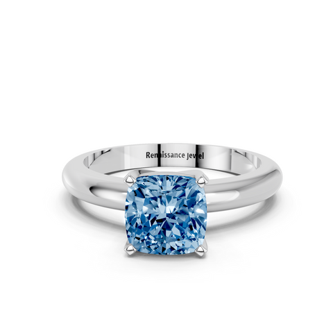 Platinum Fancy Blue Cushion  Cut Solitaire Engagement Ring with Round Band and Four-Prong Setting