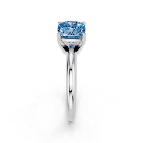 White gold Fancy Blue Cushion  Cut Solitaire Engagement Ring with Round Band and Four-Prong Setting