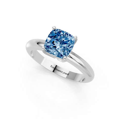 Platinum Fancy Blue Cushion  Cut Solitaire Engagement Ring with Round Band and Four-Prong Setting