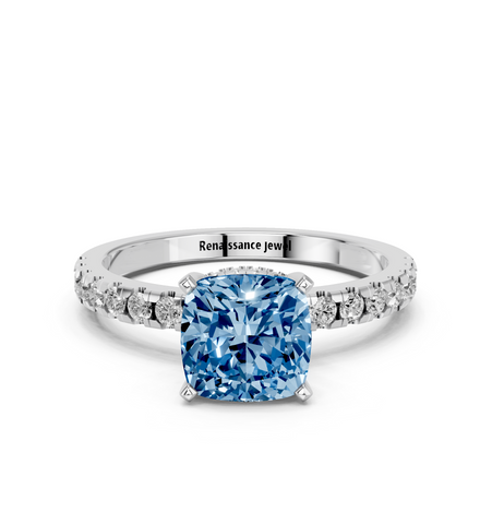 Silver Fancy Blue Cushion  Solitaire Diamond Pavé Band with Four-Prong Setting