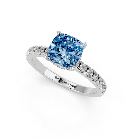 Platinum Fancy Blue Cushion  Solitaire Diamond Pavé Band with Four-Prong Setting