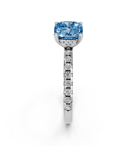 White gold Fancy Blue Cushion  Solitaire Diamond Pavé Band with Four-Prong Setting